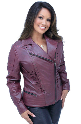 Long Red Leather Laced Eyelet Motorcycle Jacket #L69565ELR ()