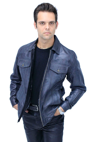 Men’s Charcoal Gray Zip Front Leather Jean Jacket #MA241416GY