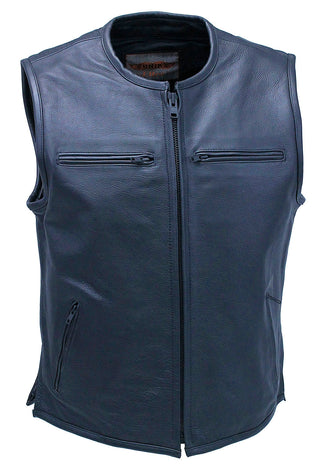 Men’s Collarless Leather Zipper Club Vest with 4 Zip Pockets #VM6721GZK - MENS VEST