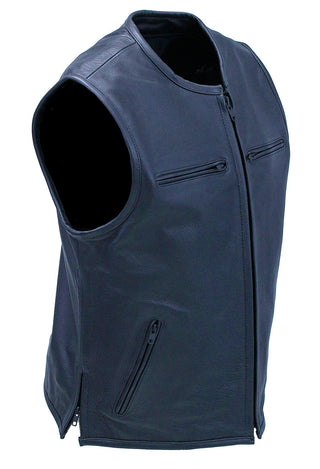 Men’s Collarless Leather Zipper Club Vest with 4 Zip Pockets #VM6721GZK - MENS VEST