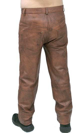 Men’s Hand Antiqued Brown 5 Pocket Lambskin Leather Pants #MP5921N
