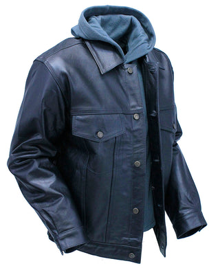 Men’s Hoodie Leather Jean Jacket w/Concealed Pockets #M1412HK (L-3X) - Jacket