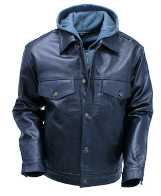 Men’s Hoodie Leather Jean Jacket w/Concealed Pockets #M1412HK (L-3X) - Jacket