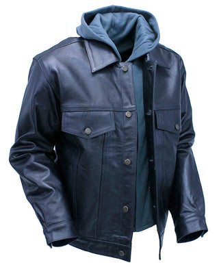 Men’s Hoodie Leather Jean Jacket w/Concealed Pockets #M1412HK (L-3X) - Jacket