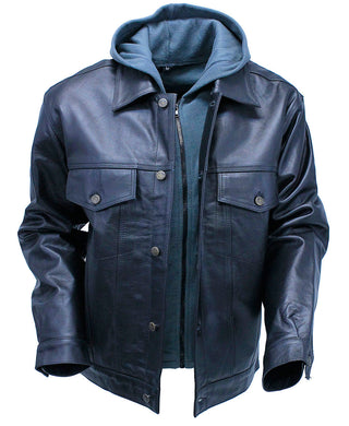 Men’s Hoodie Leather Jean Jacket w/Concealed Pockets #M1412HK (L-3X) - Jacket