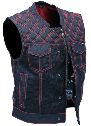 Men’s Red Stitched Quilted Moto Mesh Club Vest #VMC6536QVR