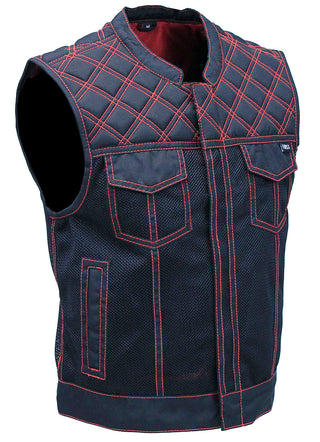 Men’s Red Stitched Quilted Moto Mesh Club Vest #VMC6536QVR