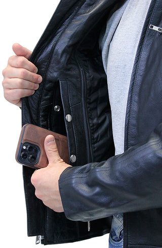 Men's Ribbed Shoulder Leather Motorcycle Jacket #M5760GQZK