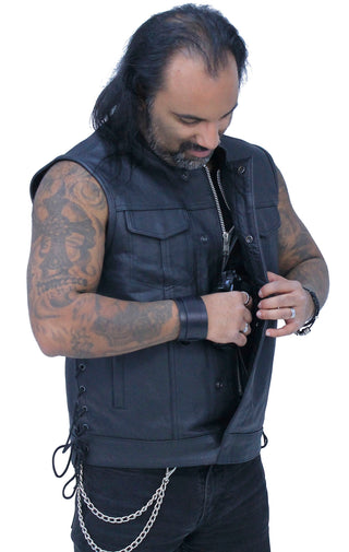 Men’s Side Lace Buffalo Leather Club Vest w/1 Piece Back #VM685BSF - MENS VEST