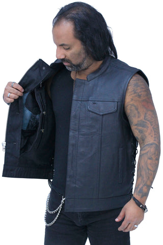 Men’s Side Lace Buffalo Leather Club Vest w/1 Piece Back #VM685BSF - MENS VEST