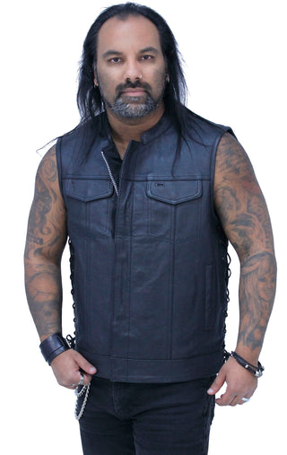 Men’s Side Lace Buffalo Leather Club Vest w/1 Piece Back #VM685BSF - MENS VEST