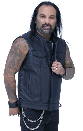 Men’s Side Lace Buffalo Leather Club Vest w/1 Piece Back #VM685BSF - MENS VEST