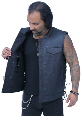 Men’s Side Lace Buffalo Leather Club Vest w/1 Piece Back #VM685BSF - MENS VEST