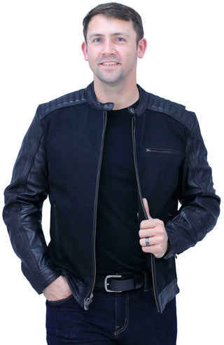 Men’s Twill & Leather Café Racer Motorcycle Jacket #MC2600GK