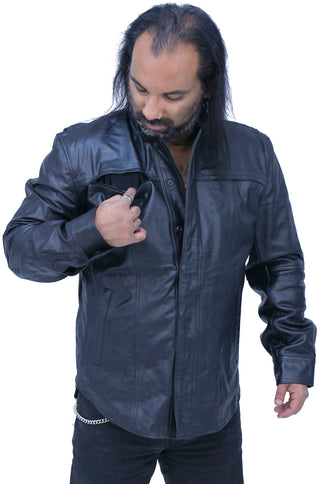 Men’s Vented Black Leather Shirt w/Easy Access Pocket #MS22070VGK