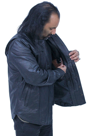Men’s Vented Black Leather Shirt w/Easy Access Pocket #MS22070VGK