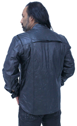 Men’s Vented Black Leather Shirt w/Easy Access Pocket #MS22070VGK