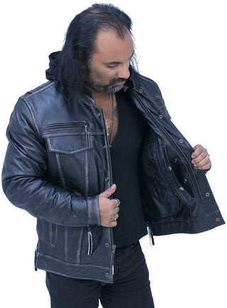 Men’s Vented Concealed Pockets Vintage Black Jacket w/Hood #MA6905VHZK