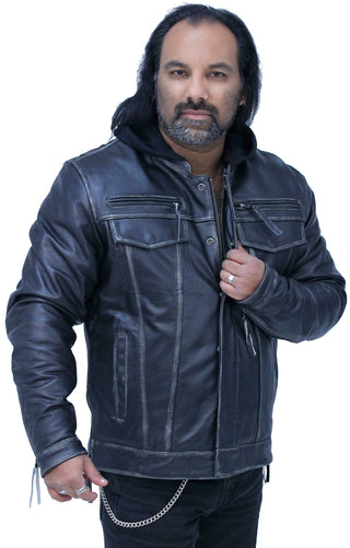 Men’s Vented Concealed Pockets Vintage Black Jacket w/Hood #MA6905VHZK