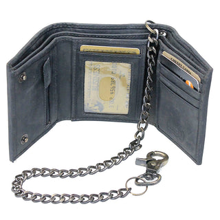 Men’s Vintage Black RFID Leather Trifold Chain Wallet with ID Window #WC513210KID