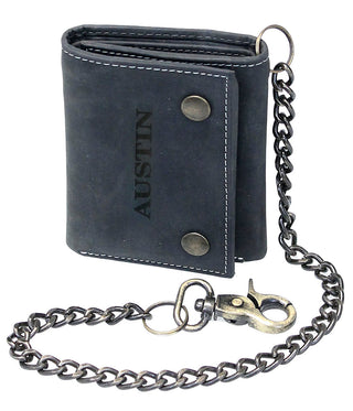 Men’s Vintage Black RFID Leather Trifold Chain Wallet with ID Window #WC513210KID