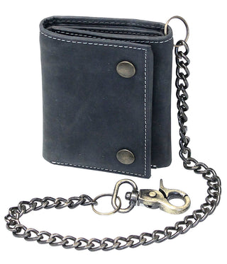 Men’s Vintage Black RFID Leather Trifold Chain Wallet with ID Window #WC513210KID