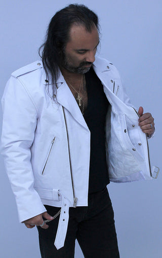 Men’s White Leather Motorcycle Jacket w/Concealed Pocket #M111GW - Jacket