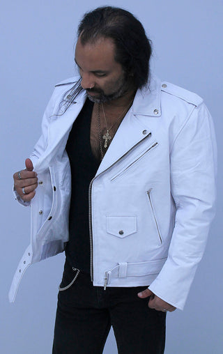 Men’s White Leather Motorcycle Jacket w/Concealed Pocket #M111GW - Jacket