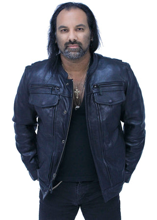 No Collar Men’s Vented Concealed Pocket Motorcycle Jacket #M263GVZK