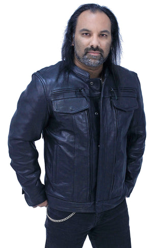 No Collar Men’s Vented Concealed Pocket Motorcycle Jacket #M263GVZK