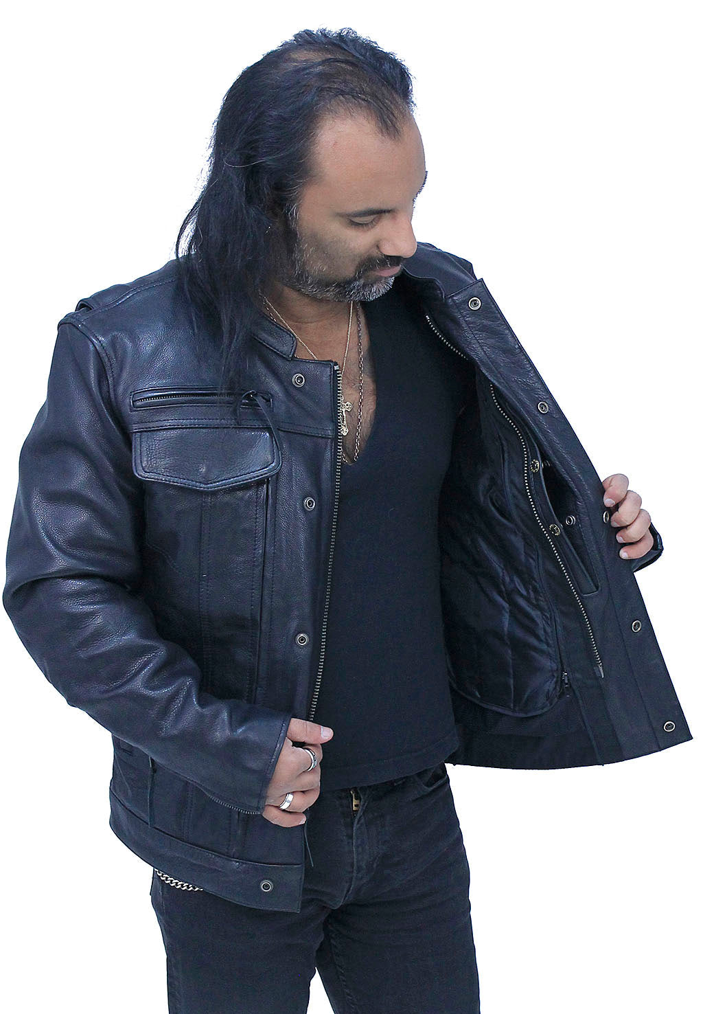 Mens Vented Leather Motorcycle Jacket Concealed Pocket – Jamin