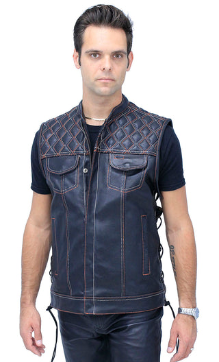 Orange/White Stitched Leather Side Lace Club Vest w/Easy Access Pocket #VM6400GLOW