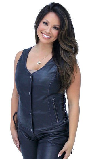 Purple Stitch Women’s Double Concealed Pocket Side Lace Vest #VL6890GLP ()
