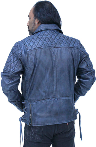 Quilted Blue Distressed Leather MC Jacket CC Pockets #MA2024QGU