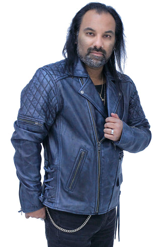 Quilted Blue Distressed Leather MC Jacket CC Pockets #MA2024QGU