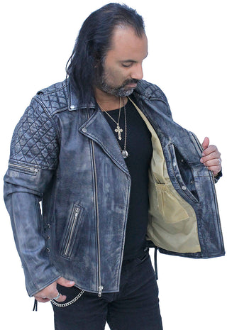 Quilted Taupe/Black Distressed Leather MC Jacket CC Pockets #MA2023QGK