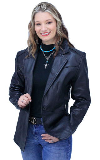 Single Button Black Premium Leather Blazer for Women #L1401510K