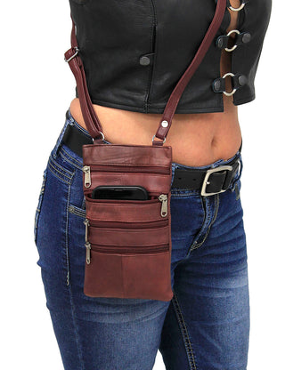 Tall Burgundy Leather 5 Zipper Cell Phone and Crossbody Purse #P10281BG