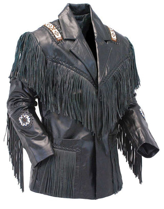 (d) Tribal Bead Black Leather Fringe Jacket #M2537BBFK (L-XL)
