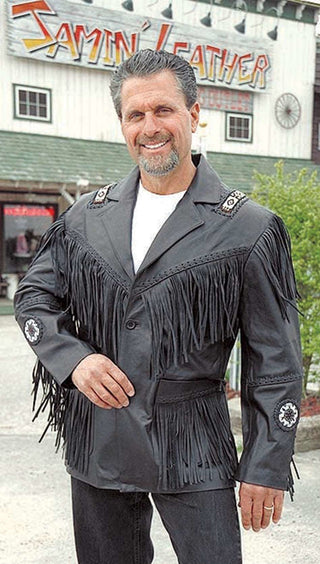 (d) Tribal Bead Black Leather Fringe Jacket #M2537BBFK (L-XL)