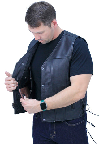 Ultra Premium Men’s Side Lace Leather Vest w/Easy Access Pocket #VM6190GZK