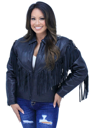 V Fringed Leather Motorcycle Jacket for Women #L452ZFB