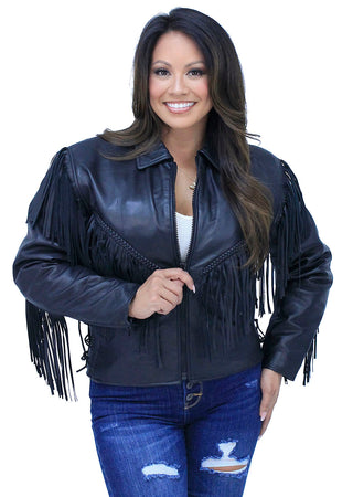 V Fringed Leather Motorcycle Jacket for Women #L452ZFB