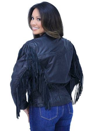V Fringed Leather Motorcycle Jacket for Women #L452ZFB