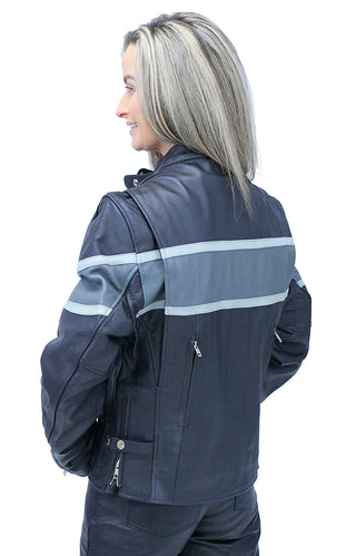 Vented Wide Gray Stripe Women’s Motorcycle Jacket #L55718VZGY (S-3X)