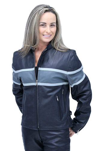 Vented Wide Gray Stripe Women’s Motorcycle Jacket #L55718VZGY (S-3X)