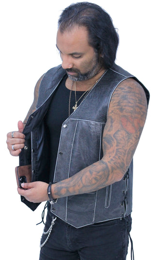 Vintage Gray Leather Side Lace 10 Pocket Vest #VMA964GLGY