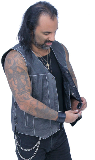 Vintage Gray Leather Side Lace 10 Pocket Vest #VMA964GLGY