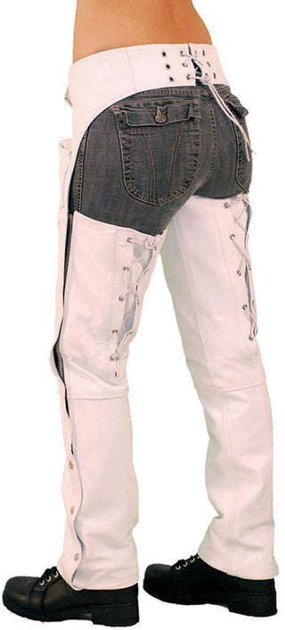 White Leather Chaps w/Adjustable Back & Thigh Lacing #C6028LLW