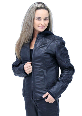 Women’s Black Vented Leather Jacket w/Hoodie #L6953HVZRK (S-M)